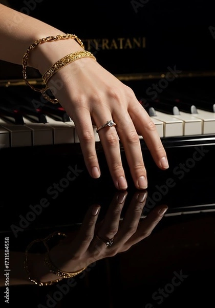 Obraz Elegant hand with gold bracelets and ring on piano keys reflections