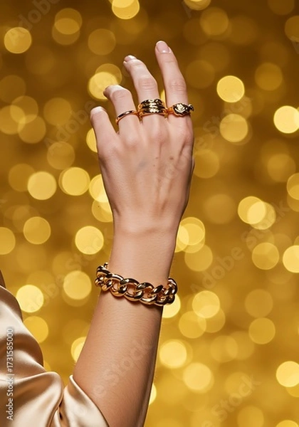 Obraz Elegant hand with gold jewelry against a blurred golden background