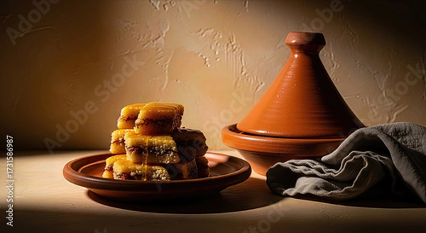 Fototapeta A stack of delicious baklava pastries sits on a small terracotta plate next to a traditional moroccan tagine pot and a dark cloth, evoking a sense of exotic cuisine and warm hospitality
