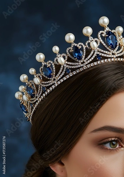 Obraz Elegant jeweled crown on a womans head against a dark background