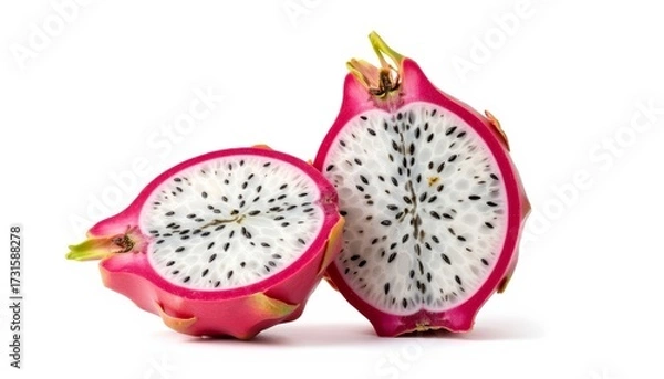 Obraz Sliced dragon fruit on white background showing pink skin and seeds  