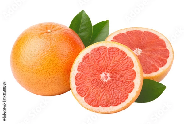 Fototapeta One whole ripe grapefruit and two juicy sliced halves are arranged with green leaves. This is a transparent png image, isolated.