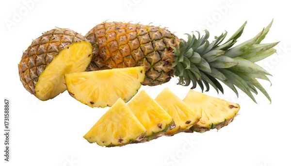 Fototapeta Whole and sliced ripe pineapples display their sweet yellow fruit, a transparent isolated png image perfect for fresh food designs.