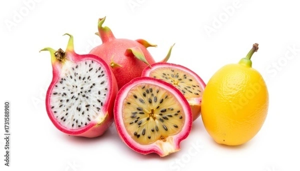 Obraz Fresh dragon fruit and lemon on white background  