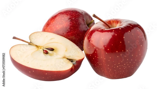 Fototapeta Two shiny red apples and one perfectly sliced half apple are isolated on a transparent background, a fresh png image.
