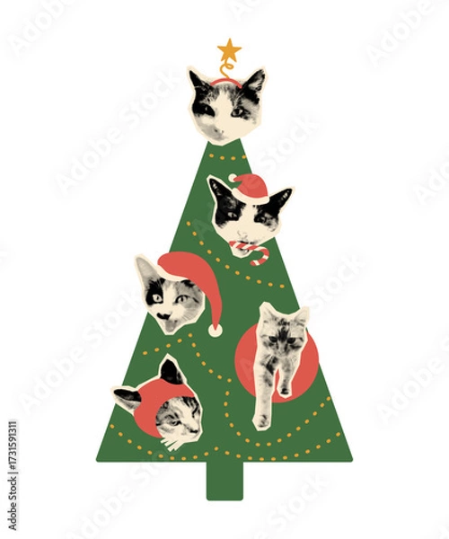 Fototapeta Art collage cut out of Christmas tree decorated with halftone cats in Santa hats as ornaments. Feline Xmas tree. Modern retro mixed media vector illustration isolated on transparent background