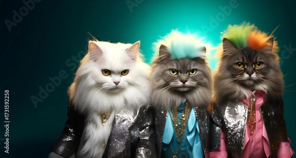 Fototapeta Creative animal concept. Group gang of British longhair cat kitten kitty in neon bright sparkly rock punk colour outfit, copy text space. commercial, editorial advertisement party invitation invite	
