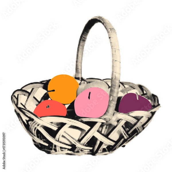 Fototapeta Art collage cut out of halftone apples in basket with red, pink, orange doodles. Sticker with dotted texture. Modern retro mixed media vector illustration isolated on transparent background