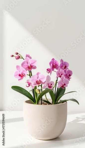 Obraz Pink orchid flowers in a modern pot on a white shelf  