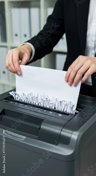 Obraz Woman shredding paper in office. Document destruction for privacy and security. Data protection concept for banner or poster, news or blog post.