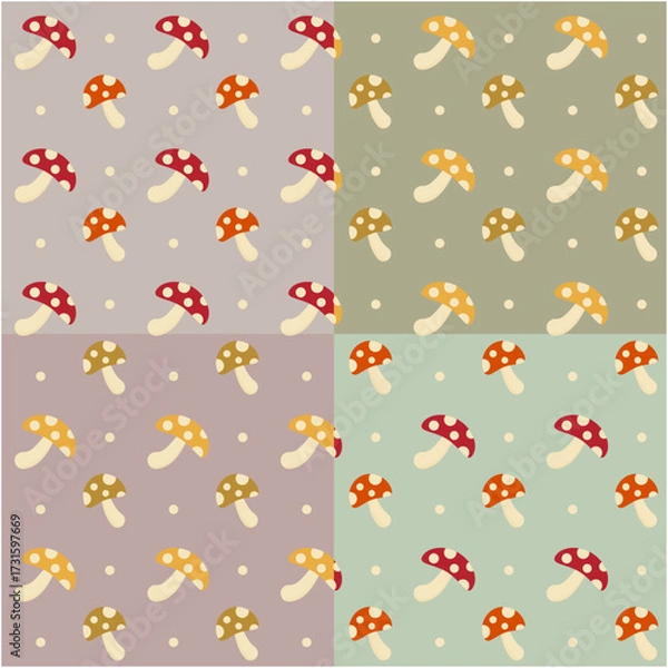 Obraz ポップでかわいい秋のキノコのシームレスパターンセット
