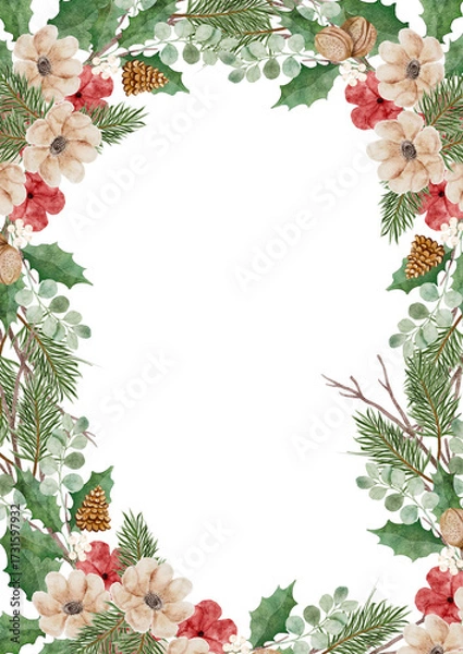 Fototapeta Digital watercolor full vertical frame packed with festive foliage and red flowers, excellent for Christmas menu covers or formal invitations.