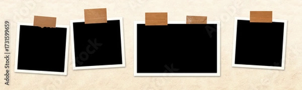 Fototapeta Four frame photos with adhesive tape stripes at stucco wall. Horizontal banner featuring a pictures album grid for scrapbooking. Vintage style mood board layout. Copy space for your text and photo