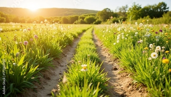 Obraz Sunlit grassy path through flower fields under clear blue sky  