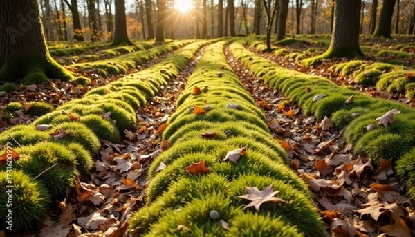 Obraz Lush green moss covering forest floor with autumn leaves at sunset  