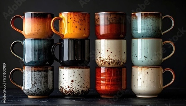 Fototapeta Stacked mugs in various colors and designs