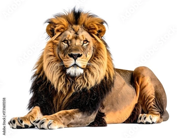 Fototapeta Majestic lion, lying, facing forward, against white