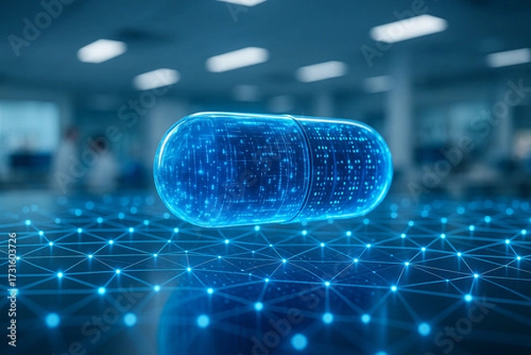 Fototapeta AI generated scene of a glowing blue digital capsule on a futuristic data network surface symbolizing pharmaceutical innovation smart healthcare technology and future medicine