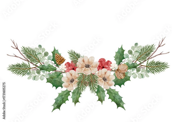 Fototapeta Digital watercolor horizontal center arrangement of festive winter flowers and foliage, ideal for banner headers or dividers on invitations.