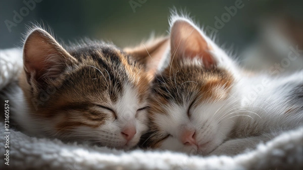 Obraz ふわふわ毛布で仲良く眠る子猫たち