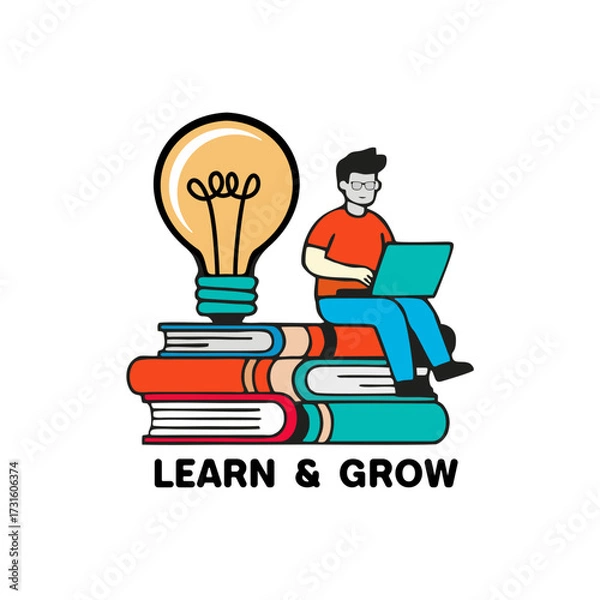 Fototapeta Learning and Growth Concept: Man Working on Laptop, Sitting on Stack of Books with Light Bulb Idea