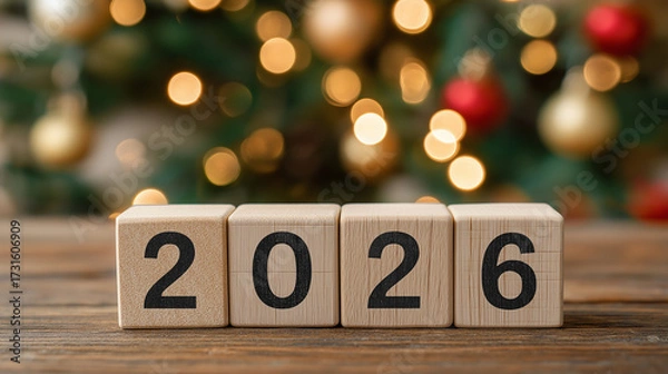 Fototapeta Wooden Cubes 2026 Text with Blurred Christmas Tree Lights in Business Office for New Business Year and Planning, Strategy, Target