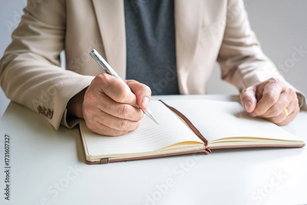 Fototapeta Businessman wearing jacket writing on notepad. Close up view.