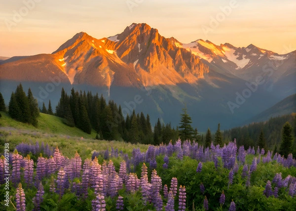 Fototapeta A stunning vista of a mountain range at sunrise, with vibrant lupine flowers in the foreground.