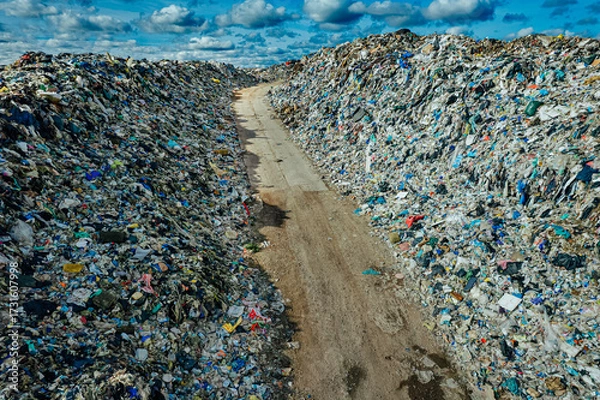 Fototapeta A dirt road cuts between massive piles of garbage in a landfill, symbolizing pollution, overconsumption, and the urgent global challenge of waste management