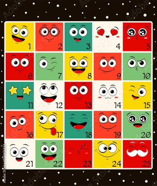 Fototapeta Vector Christmas advent calendar with emoticons with different mood. Cozy cartoon Christmas advent calendar with emoji faces in different expressions. Set of winter holiday xmas tags with numbers