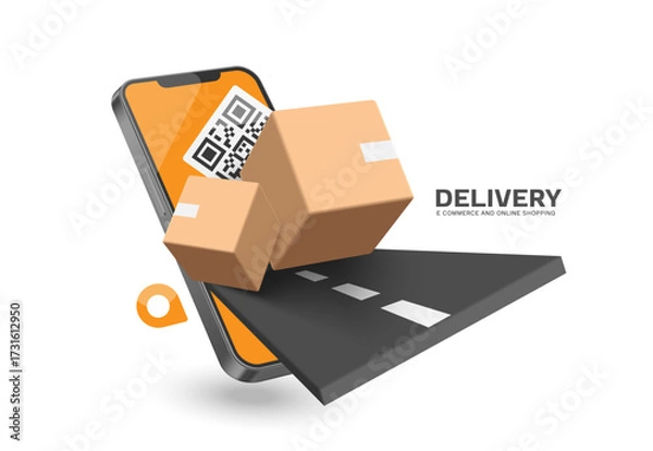 Fototapeta Parcel or cardboard box is being sent down the street to pinpoint that customer has specified after scanning QR code to pay, vector 3d isolated for e commerce, delivery, online shopping concept