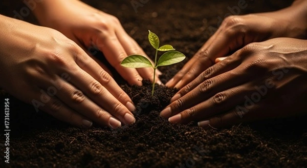 Fototapeta Close-up of diverse hands planting a young seedling in soil, depicting global environmental conservation, sustainable development, and ecological stewardship