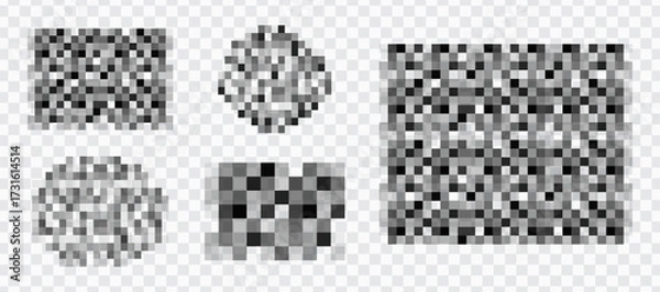 Fototapeta Set gray Pixel censor blur mosaic signs elements on transparent background. Pixelated effect texture bar. Privacy square content. 
