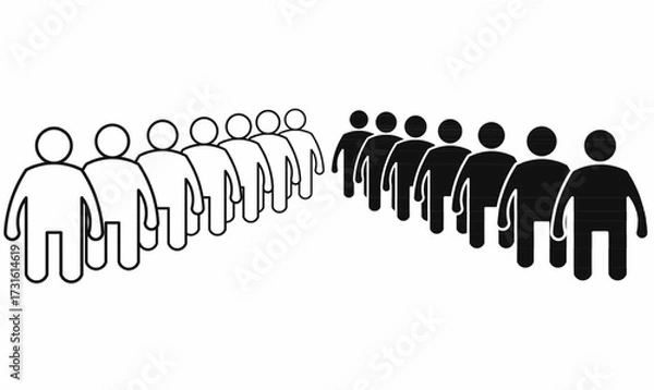 Fototapeta Long queue icon with outline  silhouette human figures in line, symbol of waiting, population, teamwork, order, community, and social organization vector.