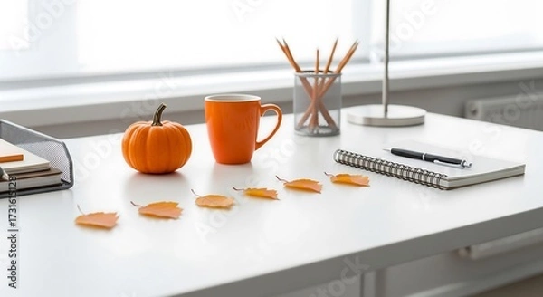 Obraz Minimalist Halloween-themed office desk with pumpkin, orange coffee mug, autumn leaves, and stationery elements.