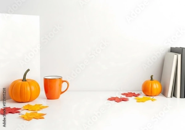 Obraz Modern minimalist Halloween workspace with clean desk, pumpkin, orange mug, and autumn leaves