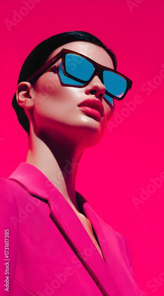 Fototapeta fashion portrait of model wearing sunglasses with vibrant pink and blue lighting creating sharp contrast on skin texture