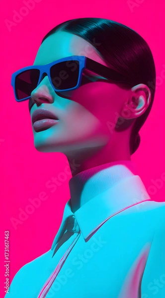 Fototapeta fashion portrait of model wearing sunglasses with vibrant pink and blue lighting creating sharp contrast on skin texture