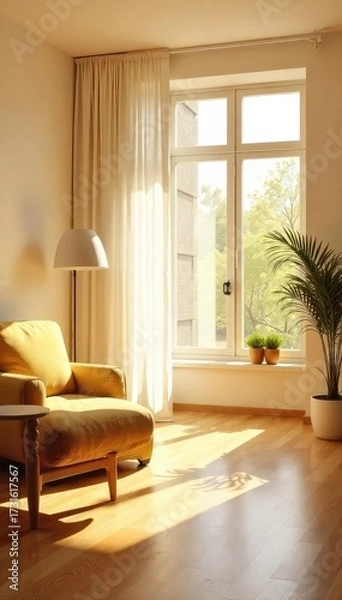 Fototapeta Warm sunlight streams into a bright, airy room, illuminating welcoming open space Perfect for home, office, or hospitality settings Clean, minimalist aesthetic , uncluttered, interior, airy