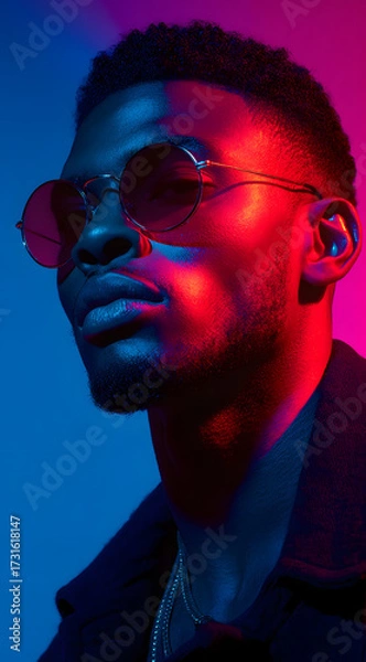 Fototapeta fashion portrait of model wearing sunglasses with vibrant pink and blue lighting creating sharp contrast on skin texture