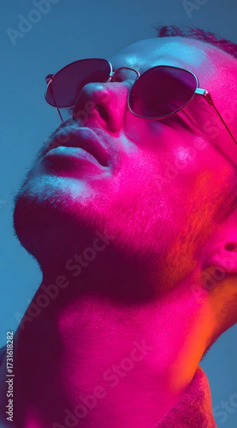 Fototapeta fashion portrait of model wearing sunglasses with vibrant pink and blue lighting creating sharp contrast on skin texture
