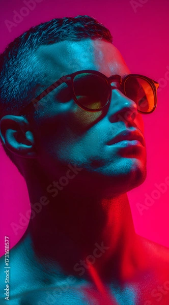Fototapeta fashion portrait of model wearing sunglasses with vibrant pink and blue lighting creating sharp contrast on skin texture