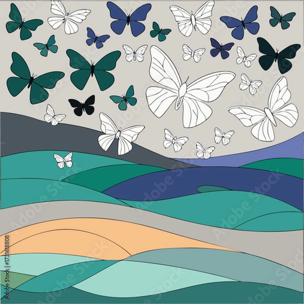 Fototapeta A colorful array of butterflies gracefully flutter over a serene landscape