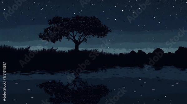 Fototapeta sunset over lake at night with trees and mountains