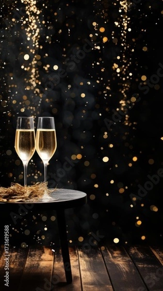 Obraz room with champange and glasses and confetti on new year's eve