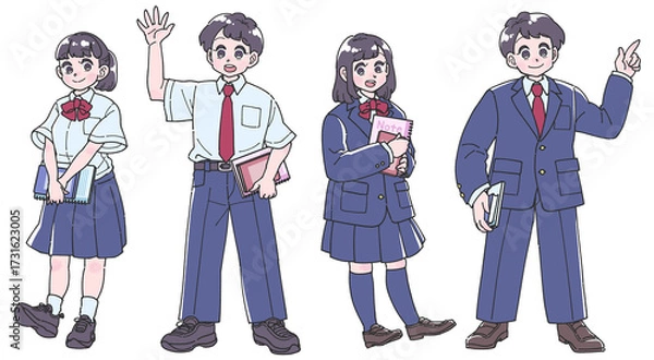 Obraz 夏服と冬服の制服を着た男子と女子生徒の全身イラスト