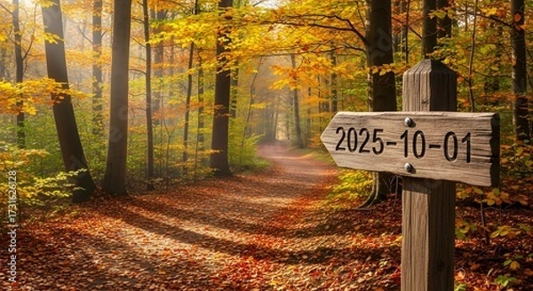 Fototapeta Peaceful Autumn Forest Path with Wooden Signpost Showing 2025-10-01 – Symbol of Time and Change