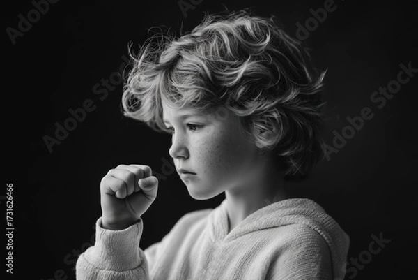 Fototapeta A determined young child, with a focused expression, raises their fist in a gesture of defiance. The black-and-white photo accentuates the intensity and emotion, symbolizing strength amidst childhood 
