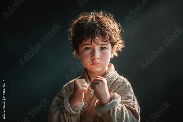 Fototapeta A determined young child, with a focused expression, raises their fist in a gesture of defiance. The black-and-white photo accentuates the intensity and emotion, symbolizing strength amidst childhood 