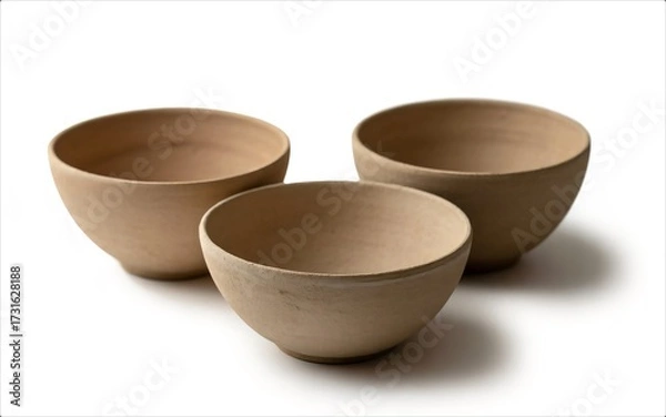 Fototapeta Three Empty Clay Bowls on White Background.